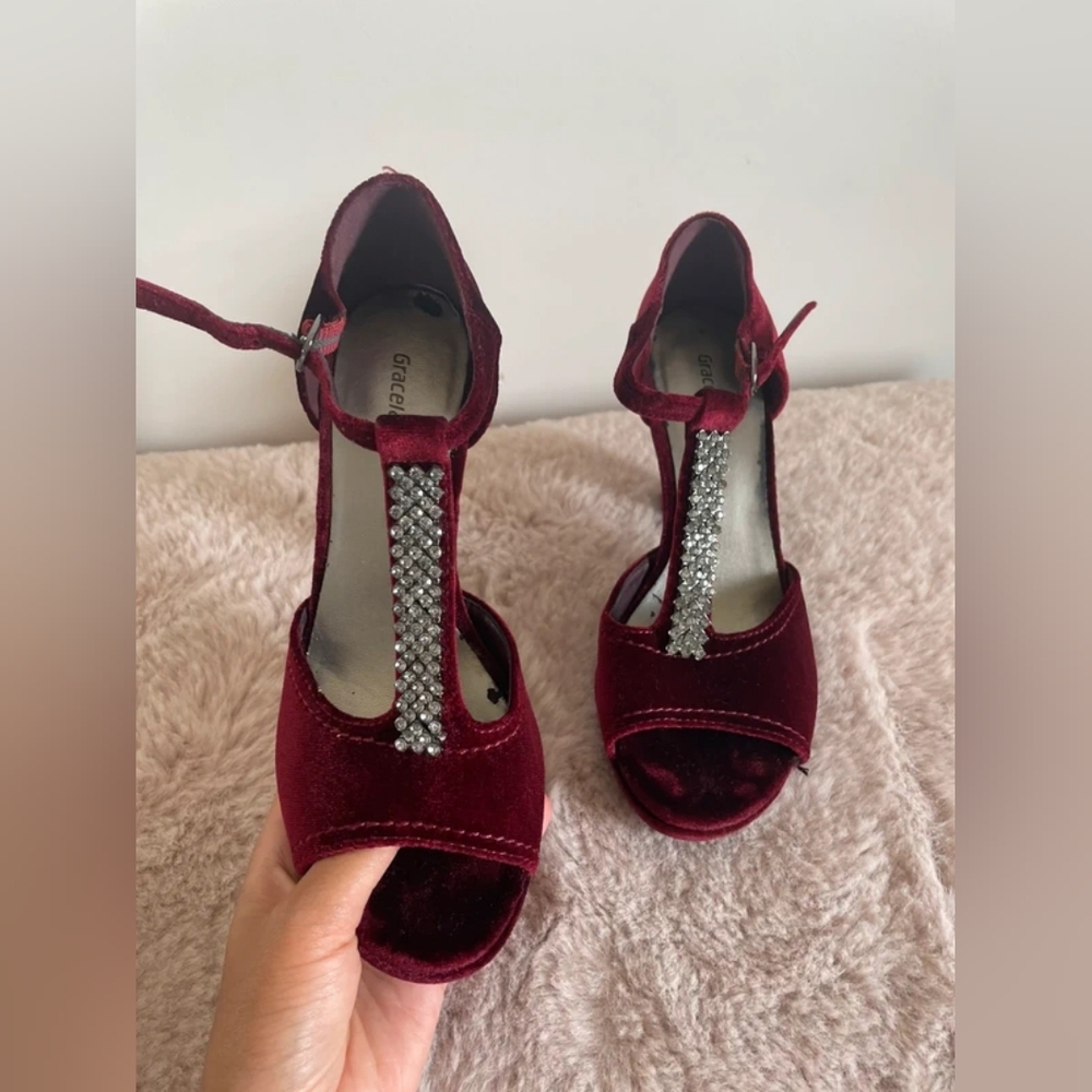 Grace Deep Red Velvet Heels with Sparkling Accents
